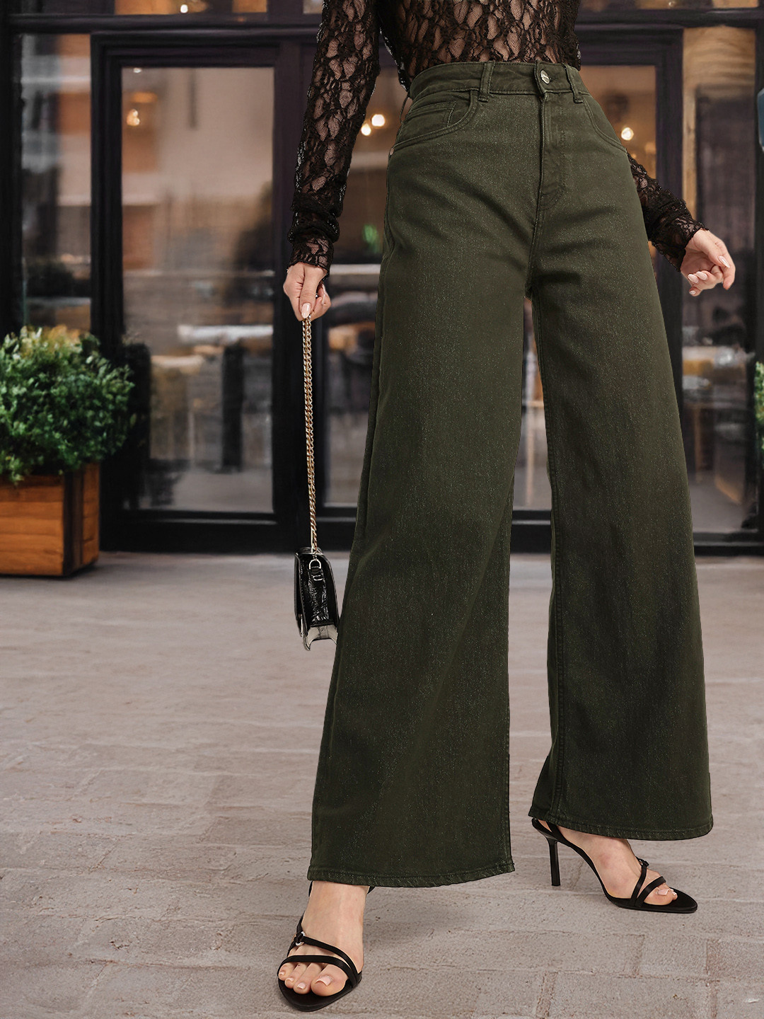 

glitchez Women Urban Classic Wide Leg Jeans, Olive