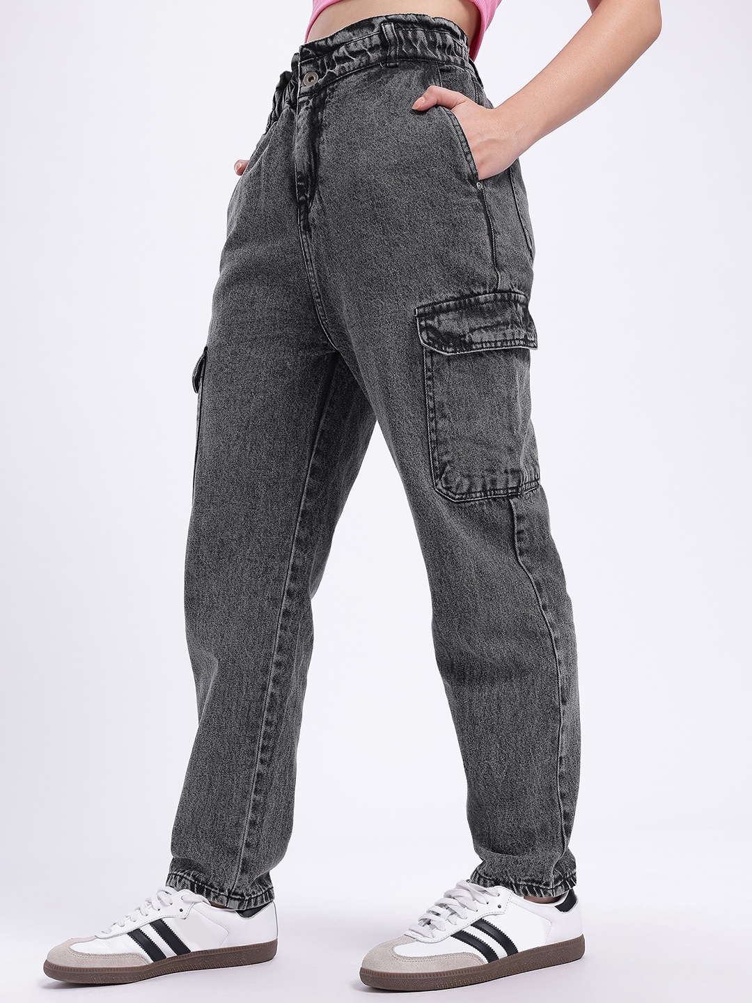 

glitchez Women Urban Indie Paper Bag Fit Heavy Fade Cargo Jeans, Grey