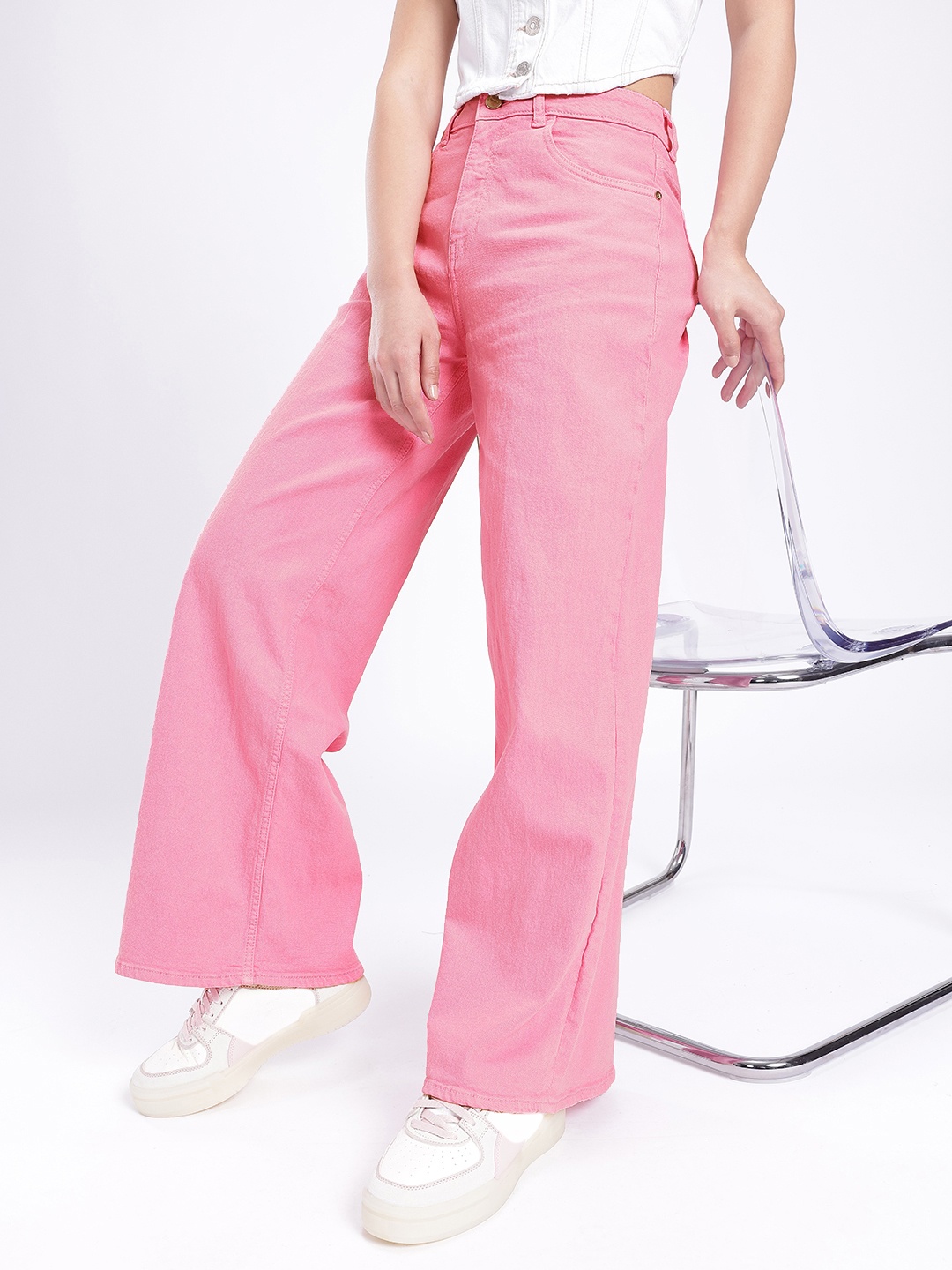 

glitchez Women Chic Vibe Wide Leg Stretchable Jeans, Pink