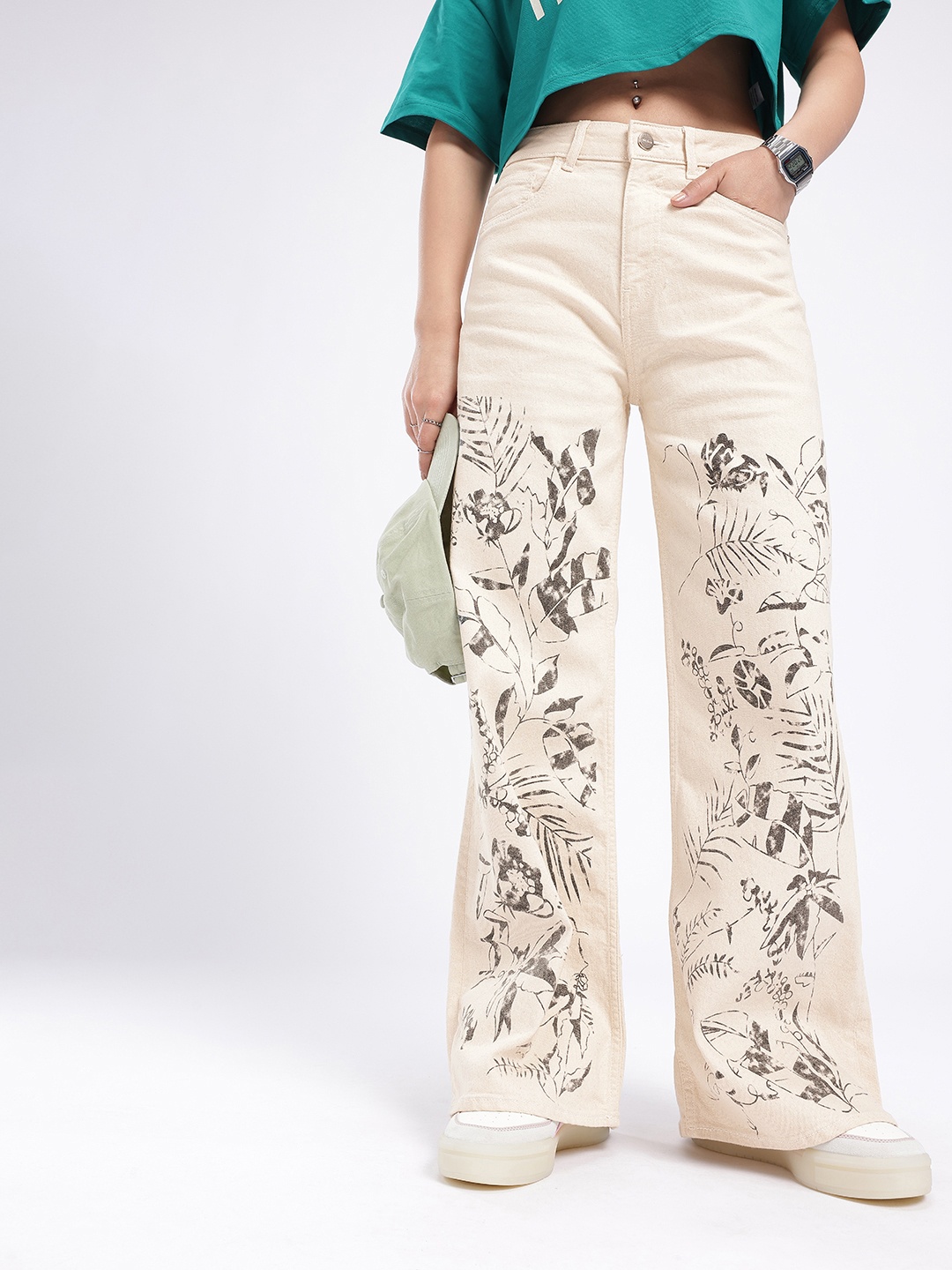 

glitchez Women Street Savvy Wide Leg Floral Printed Jeans, Off white