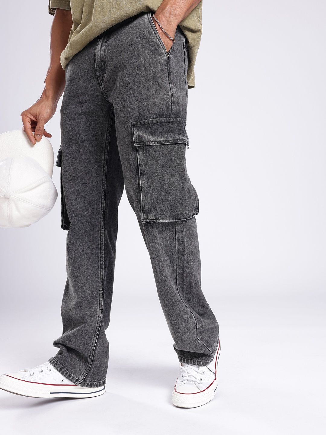 

glitchez Men Street Utility Relaxed Fit Cargo Jeans, Grey
