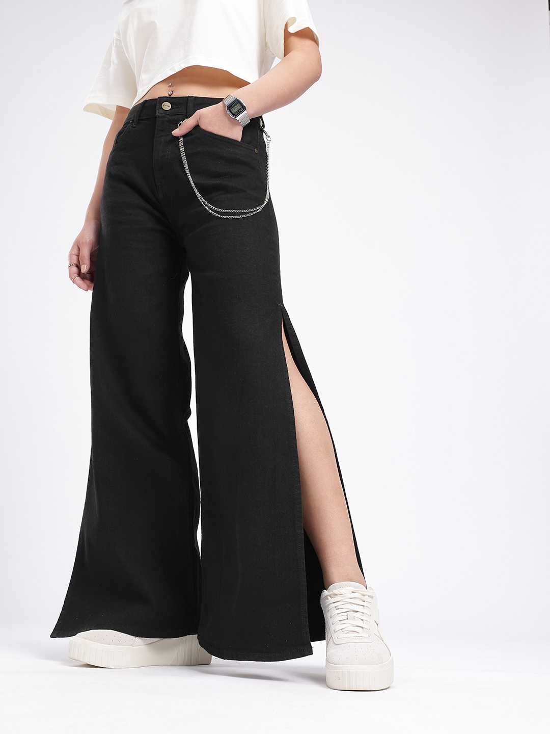 

glitchez Women Street Sassy Wide Leg High Slit Jeans, Black