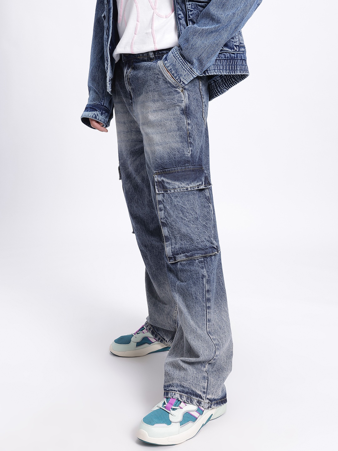 

glitchez Men Urban Heavy Fade Ombre Boyfriend Fit Cargo Jeans, Blue