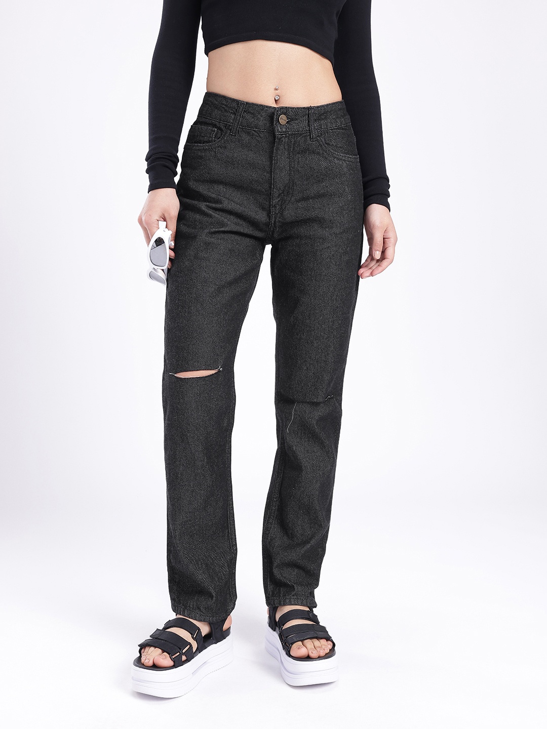 

glitchez Women Grunge Cool Straight Fit Slash Knee Jeans, Black