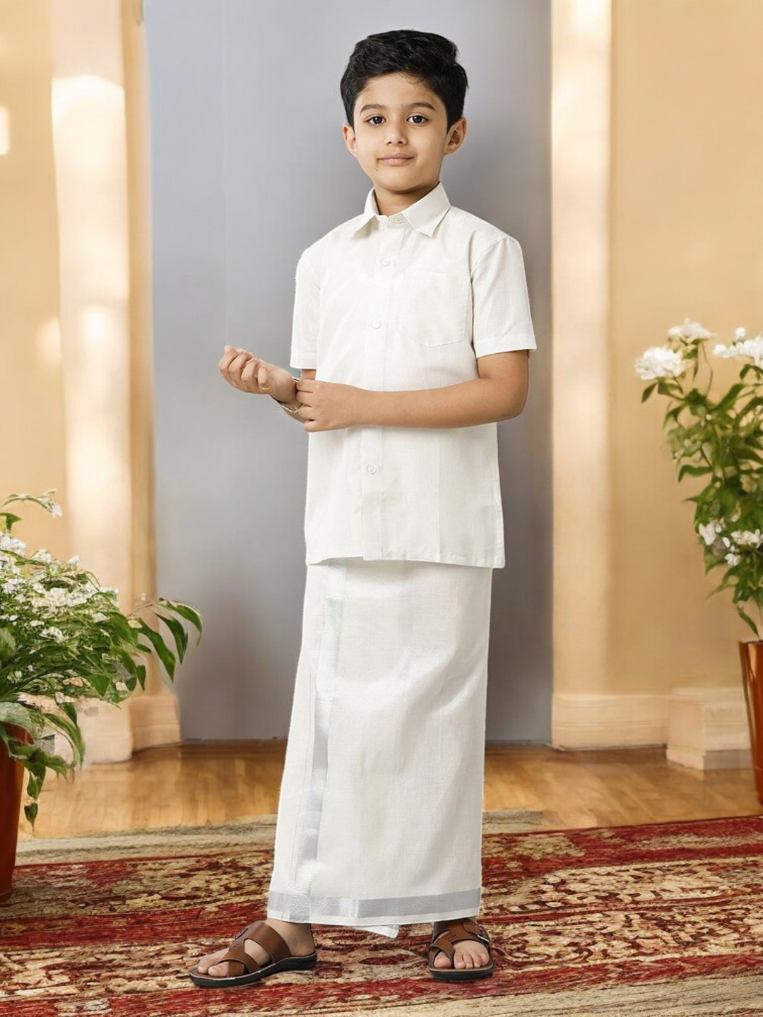

Ramraj Boys Pure cotton Shirt with Veshti, Silver