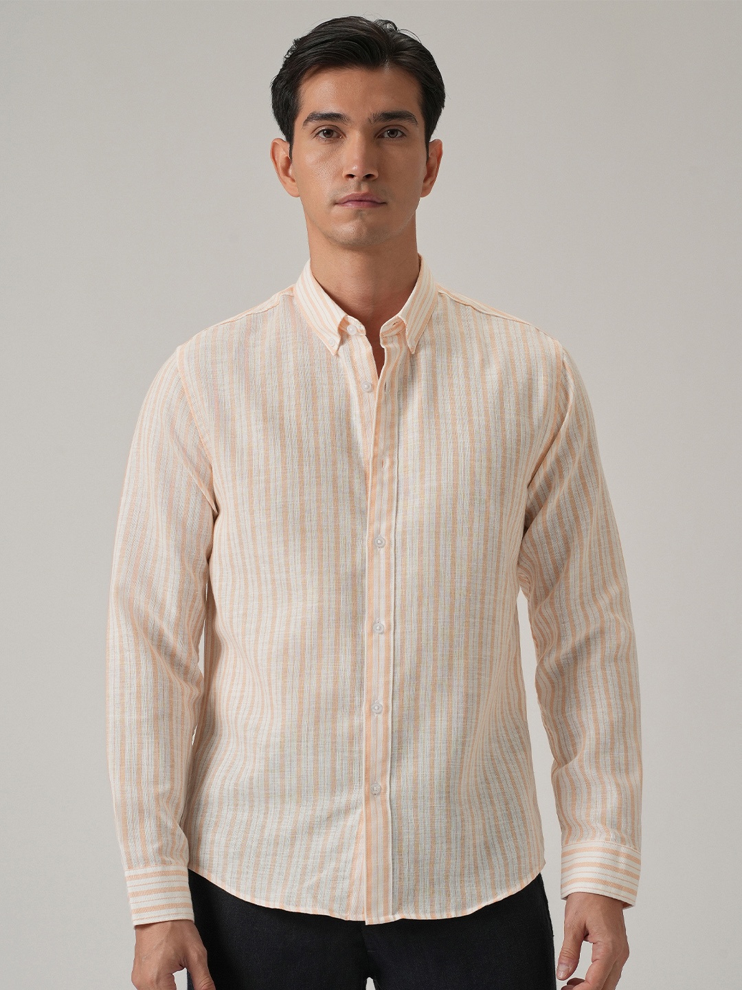 

Banana Club Men Classic Slim Fit Semi Sheer Striped Casual Shirt, Orange