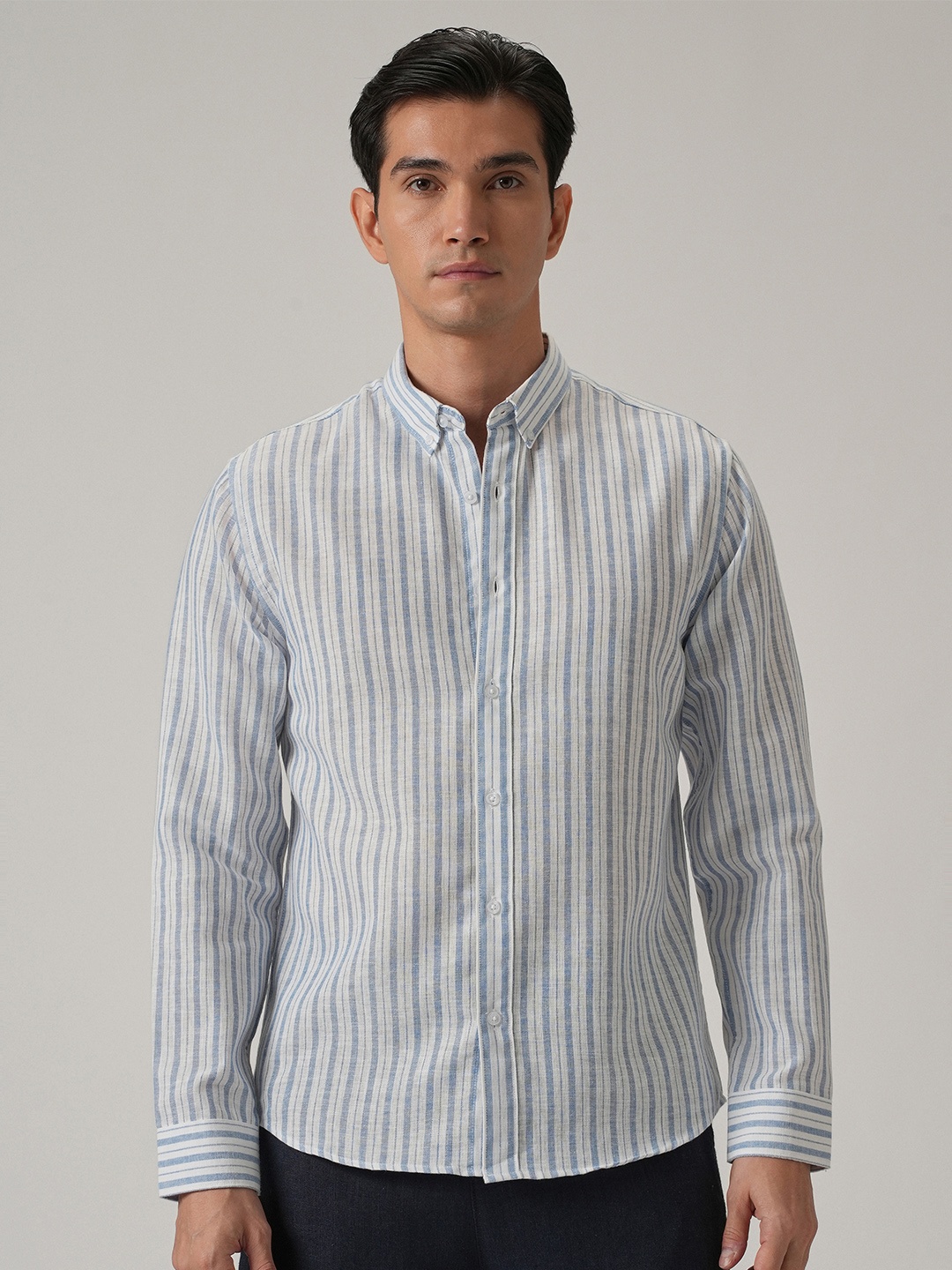

Banana Club Men Classic Slim Fit Semi Sheer Striped Casual Shirt, Blue