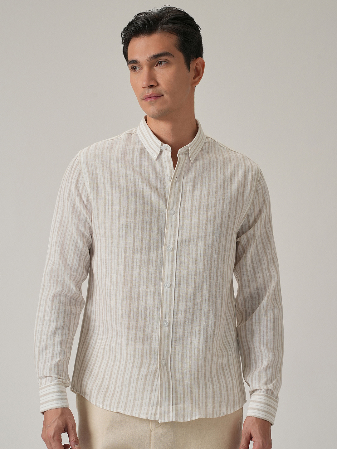 

Banana Club Men Classic Slim Fit Semi Sheer Striped Casual Shirt, Beige