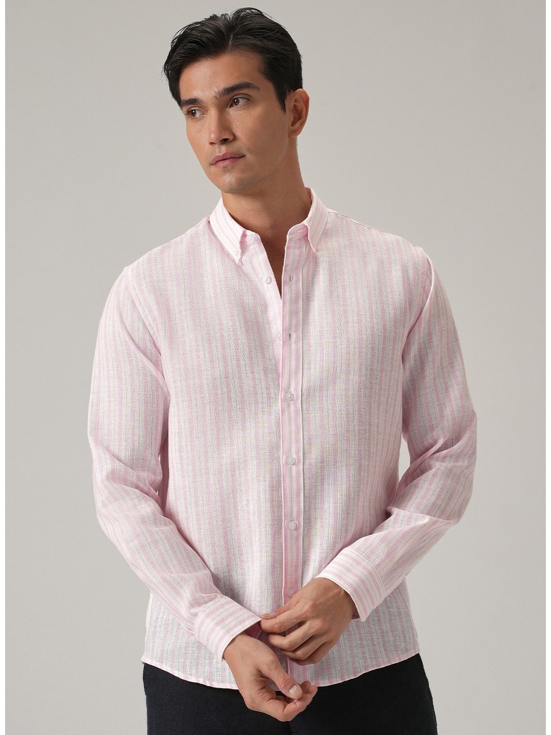 

Banana Club Men Classic Slim Fit Semi Sheer Striped Casual Shirt, Pink