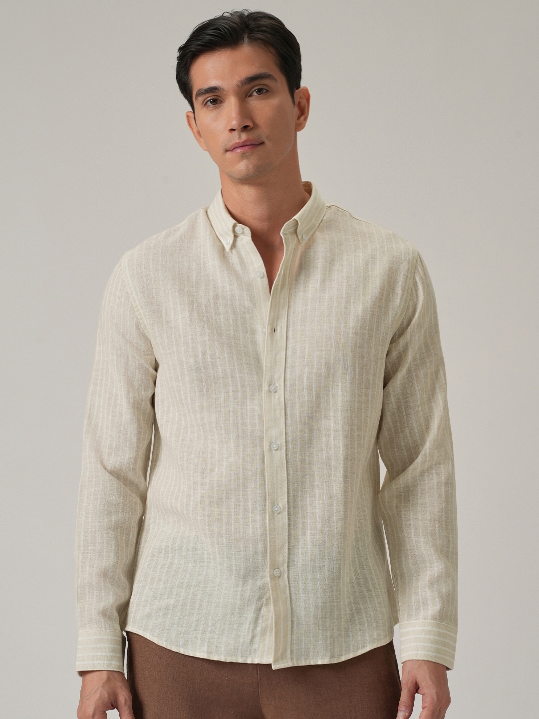 

Banana Club Men Classic Slim Fit Semi Sheer Striped Casual Shirt, Beige