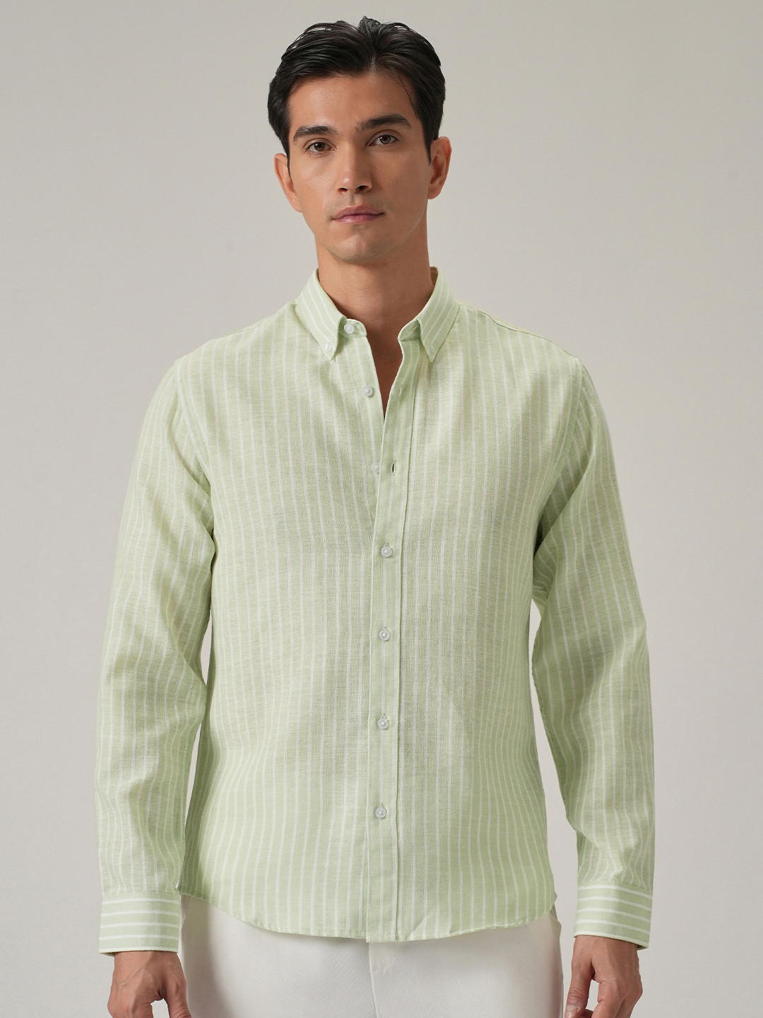 

Banana Club Men Classic Slim Fit Semi Sheer Striped Casual Shirt, Green