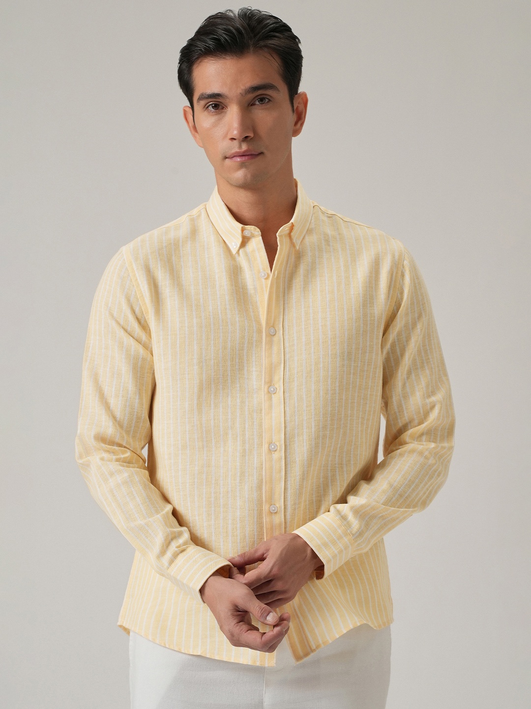 

Banana Club Men Classic Slim Fit Semi Sheer Striped Casual Shirt, Yellow