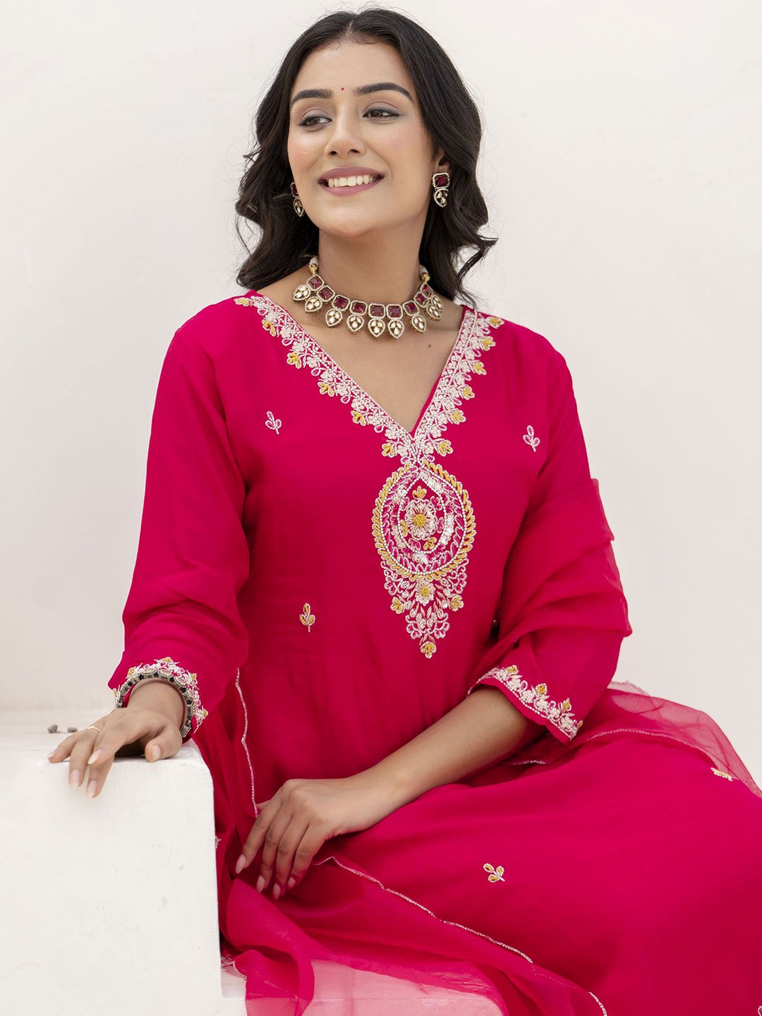 RANGREAL V-Neck Floral Embroidered Thread Work Straight Kurta with Trouser & Dupatta, Red