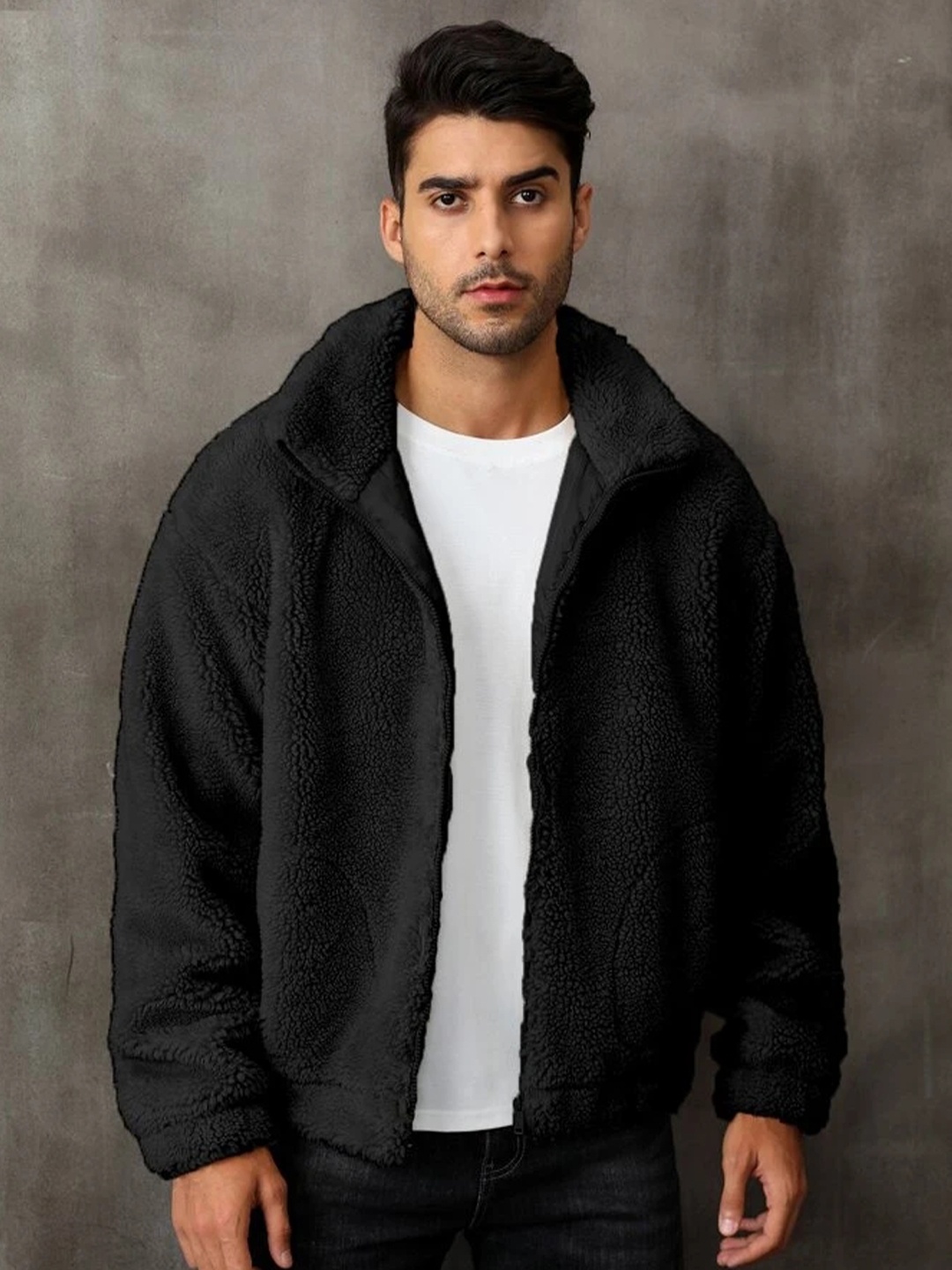 

Be Savage Men Mock Collar Self Design Woollen Casual Tailored Jacket, Black