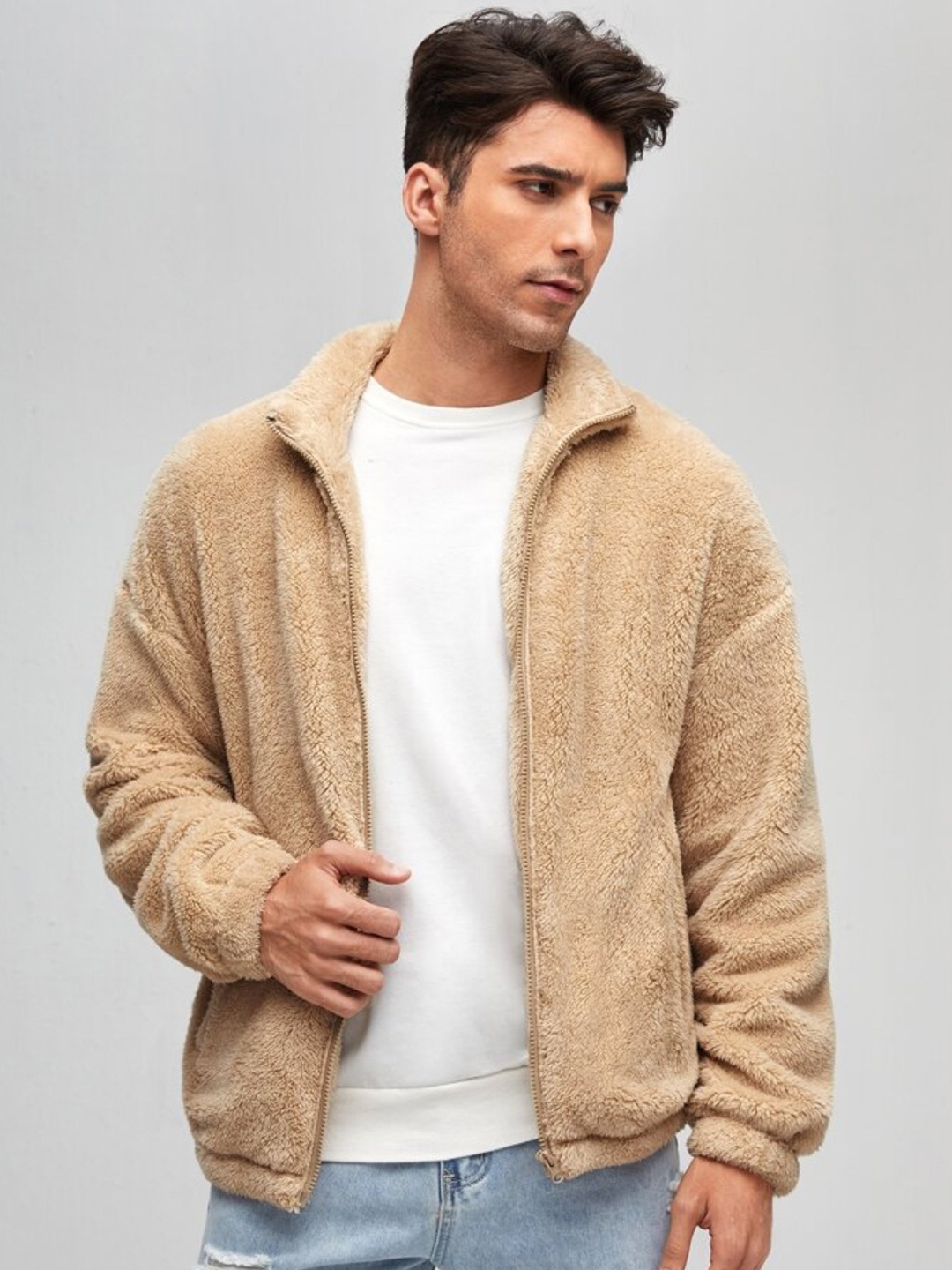 

Be Savage Men Mock Collar Self Design Woollen Casual Tailored Jacket, Beige