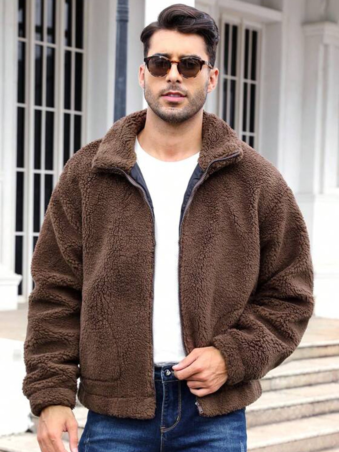 

Be Savage Men Mock Collar Self Design Woollen Casual Tailored Jacket, Coffee brown