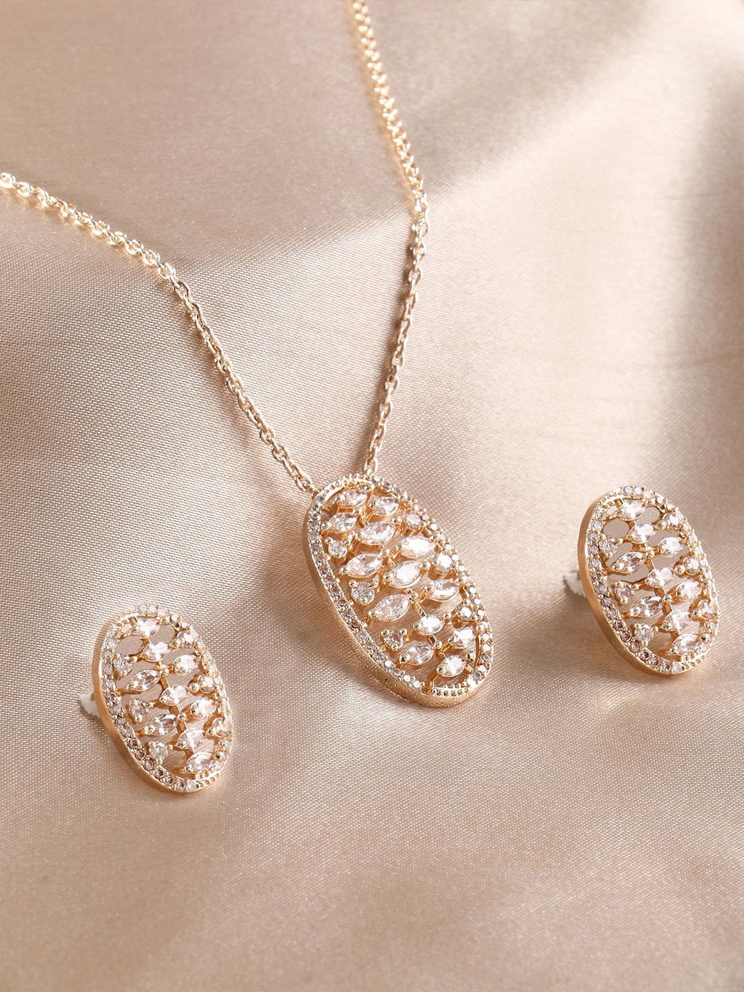 

Adwitiya Collection Rose Gold Plated CZ Stone-Studded Necklace and Earrings