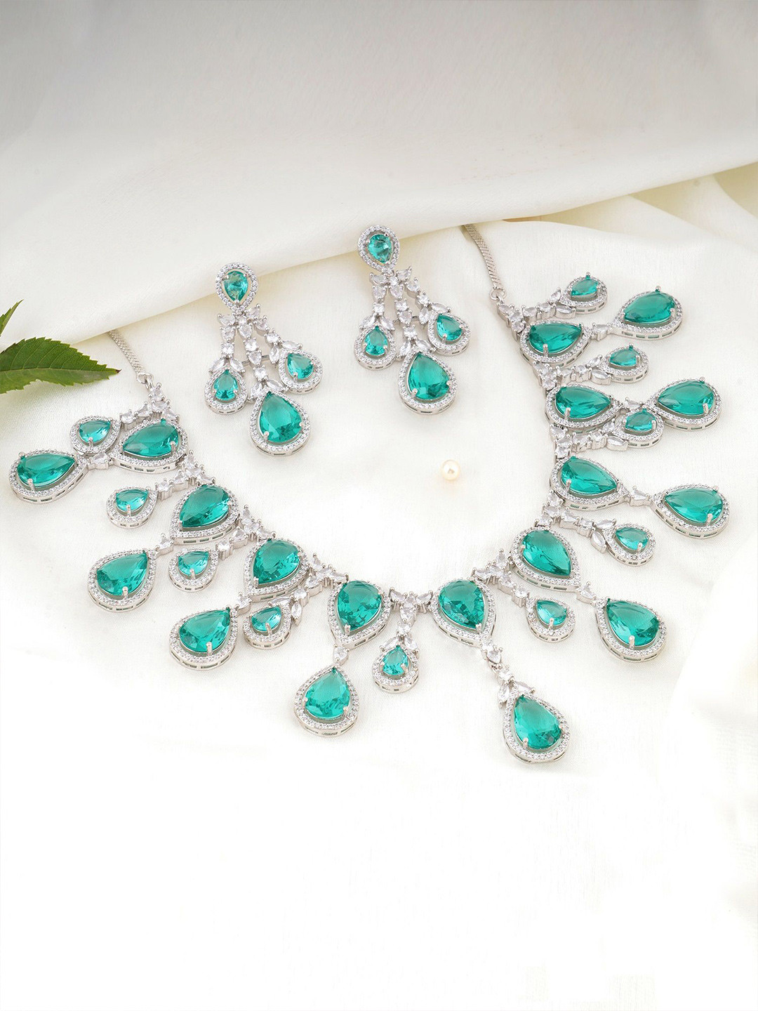 

Adwitiya Collection Rhodium-Plated CZ-Studded Necklace and Earrings, Silver