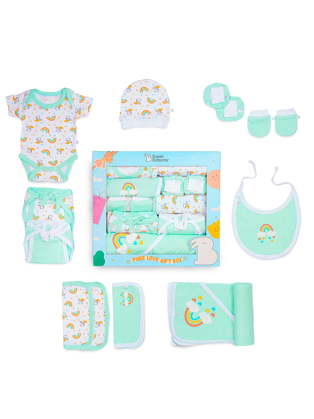 

SuperBottoms Infants 11-Pcs Printed Pure Cotton Baby Apparel Gift Set, White