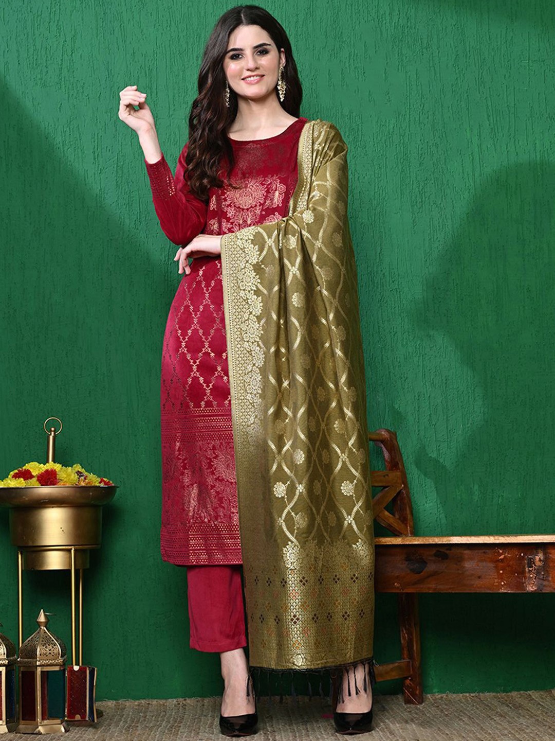 

SAHASIKA Round Neck Floral Woven Design Velvet Kurta with Trousers & Dupatta, Red