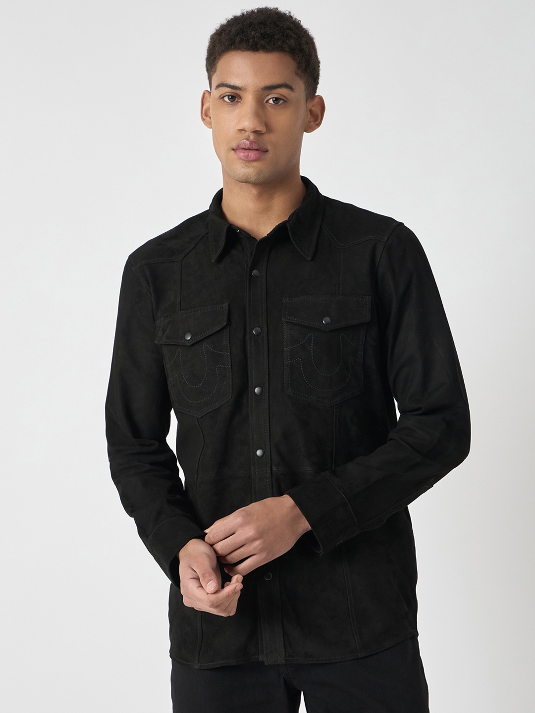 

True Religion Men Spread Collar Solid Cotton Casual Shirt, Black