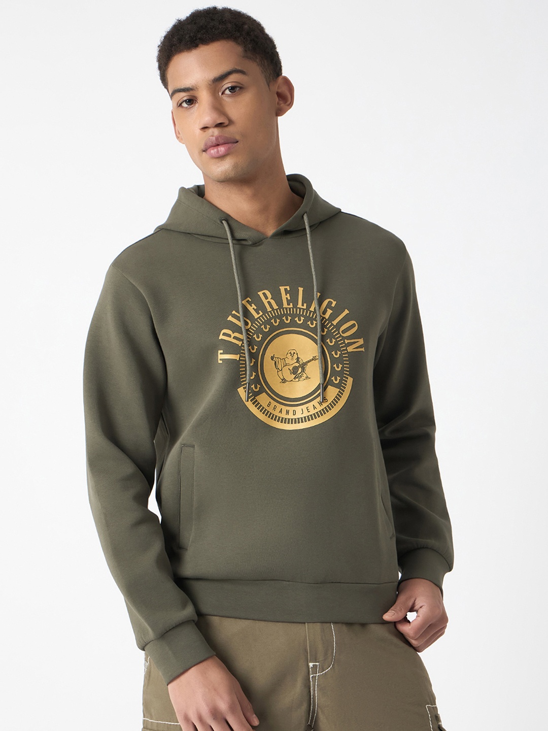 True Religion Men Cotton Brand Logo Printed Hooded Sweatshirt, Green