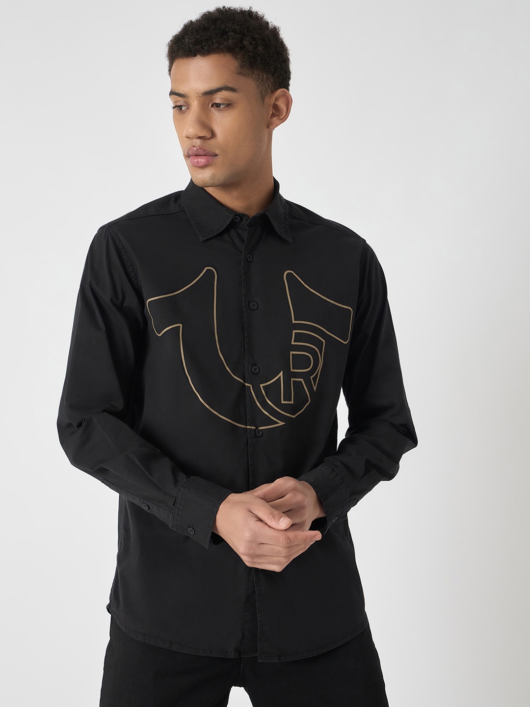 

True Religion Men Spread Collar Graphic Printed Cotton Casual Shirt, Black