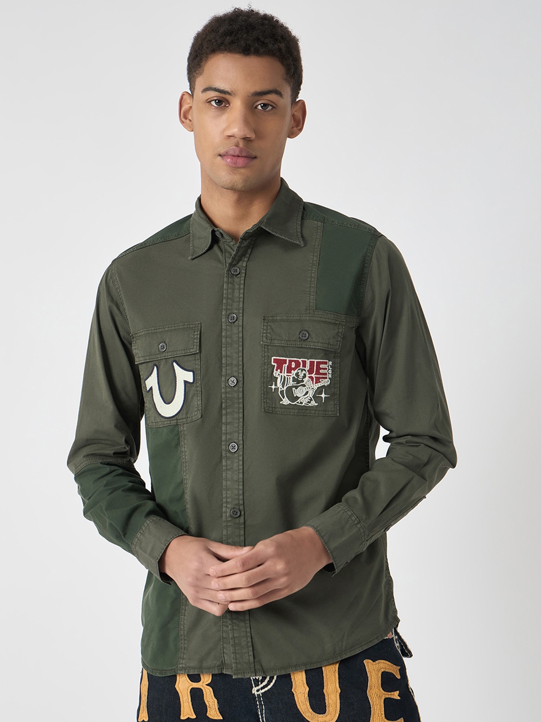 

True Religion Men Spread Collar Typography Printed Cotton Casual Shirt, Olive