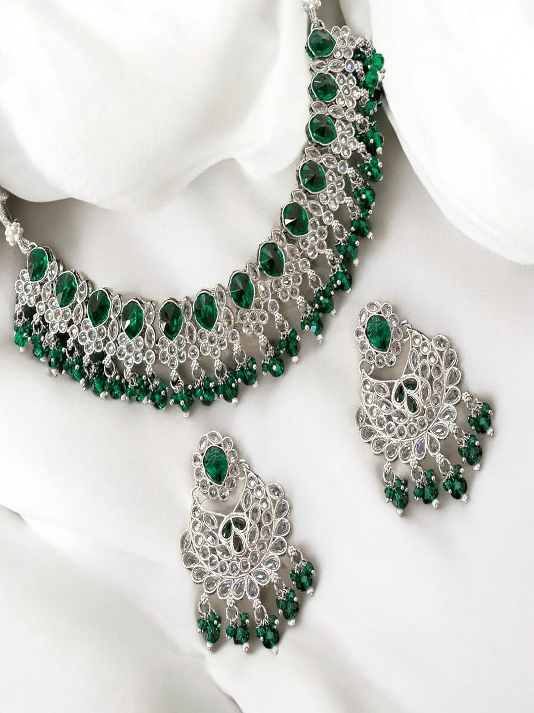 

AccessHer Sterling Silver-Plated AD Studded & Beaded Necklace and Earrings With Maang Tika