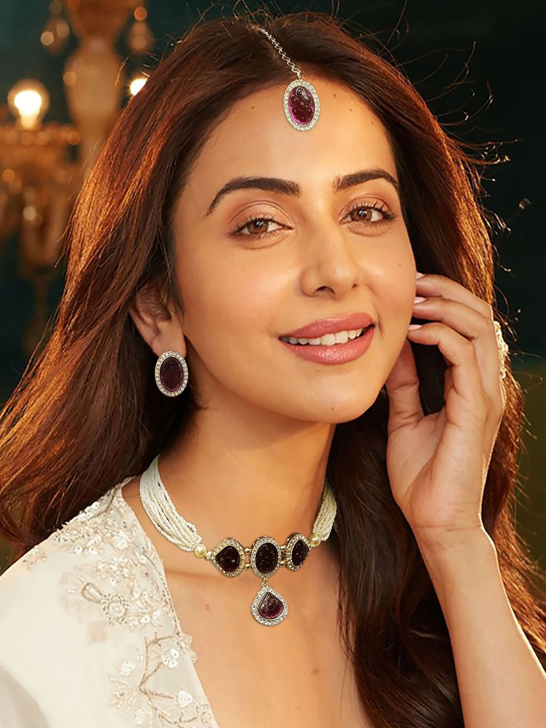 

AccessHer Sterling Silver-Plated AD Studded & Beaded Necklace and Earrings With Maang Tika