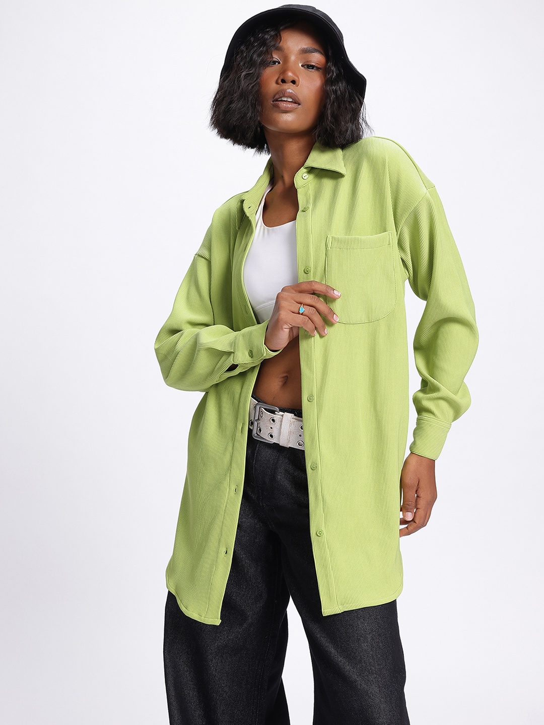 

glitchez Urban Chic Ribbed Longline Drop-Shoulder Shirt, Green