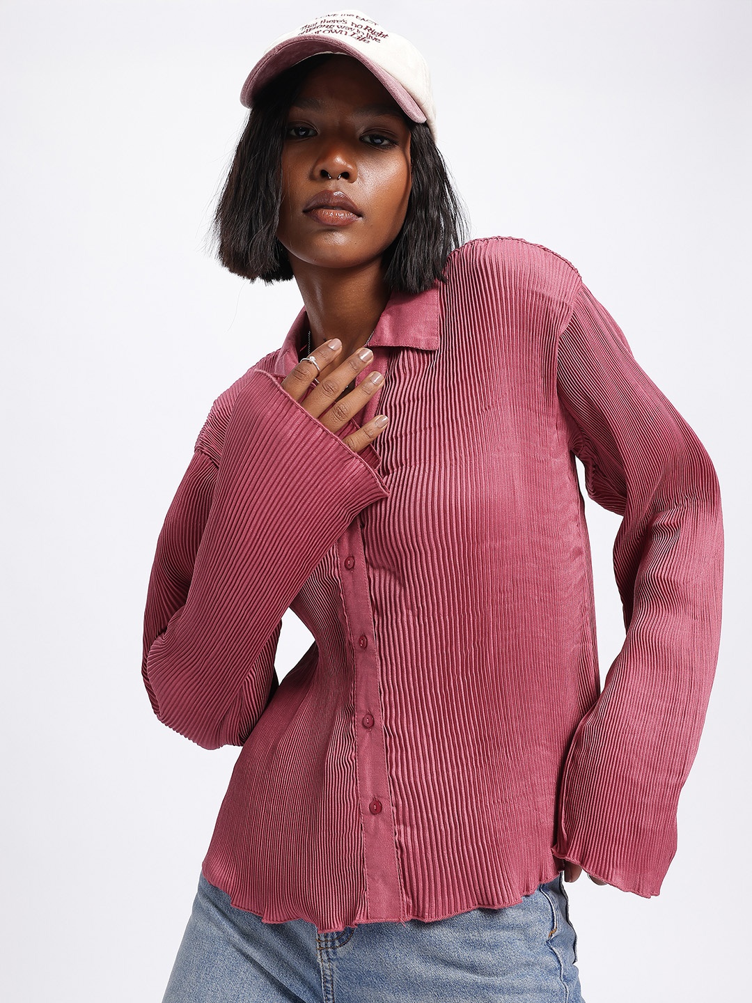 

glitchez Flare Affair Plisse Shirt, Mauve