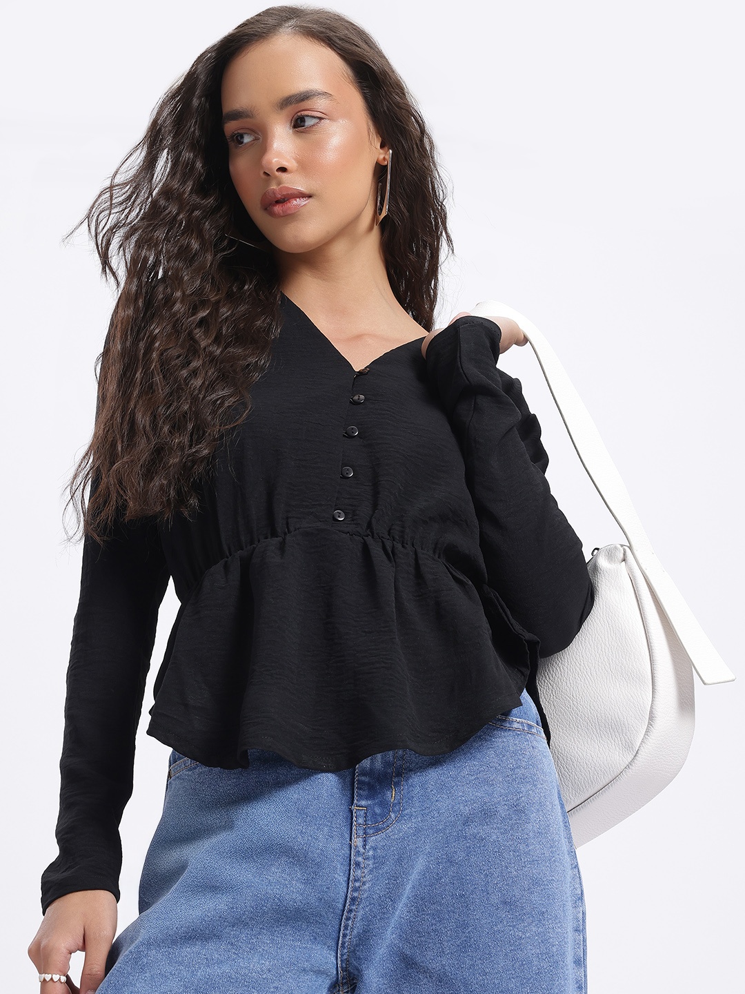 

glitchez Black Street Style Crinkled Empire Shirt