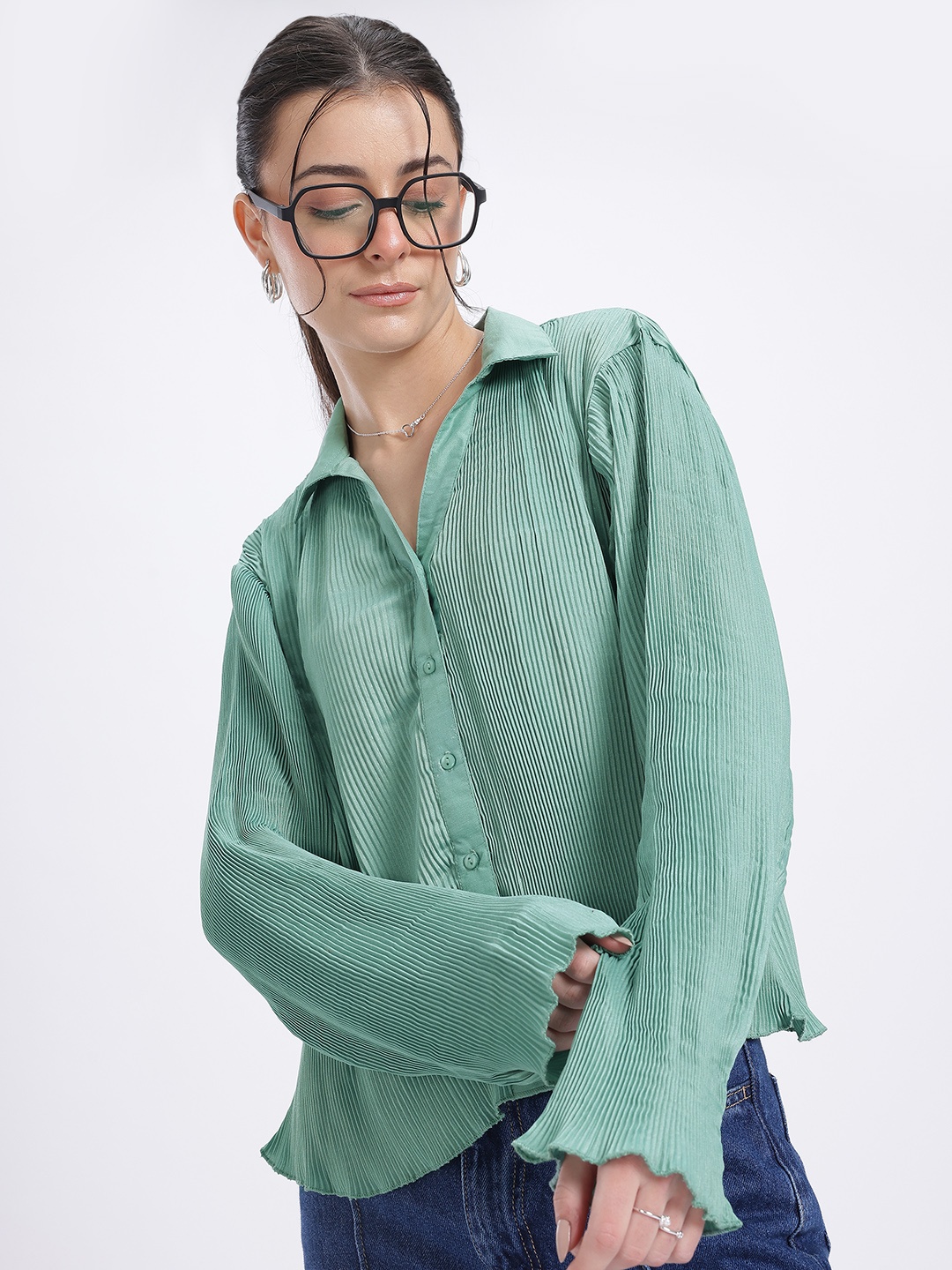 

glitchez Plisse Shift Flared Sleeve Shirt, Green