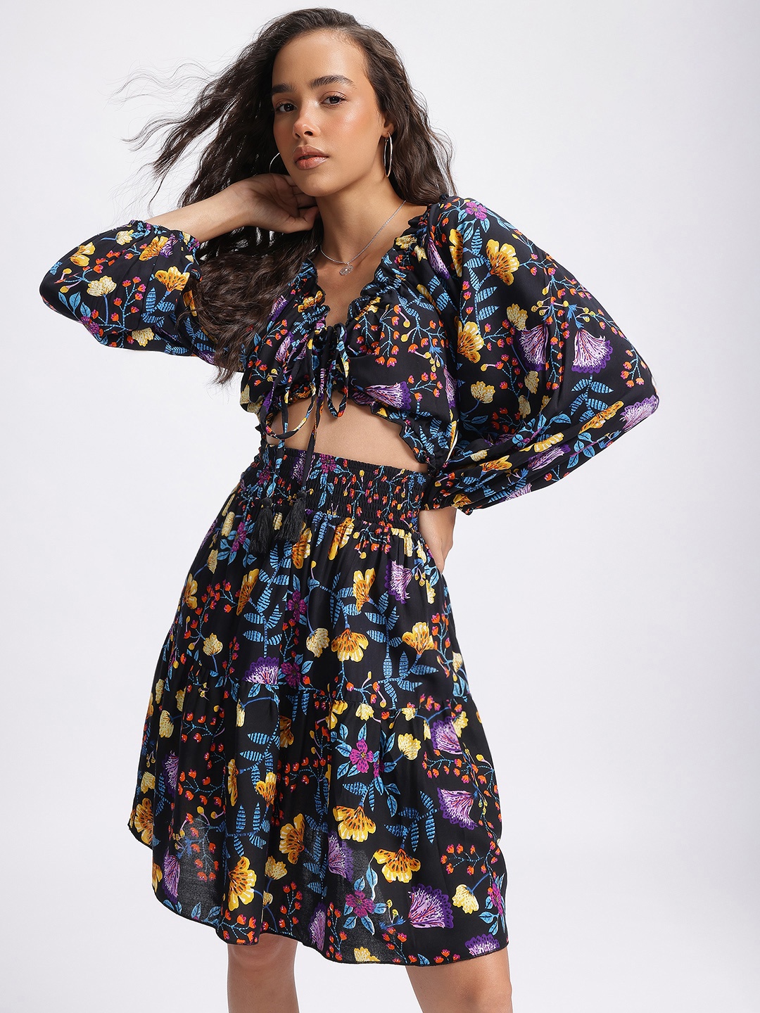 

glitchez Vibrant Blooms Cut-Out Waist Smocked A-Line Dress, Black
