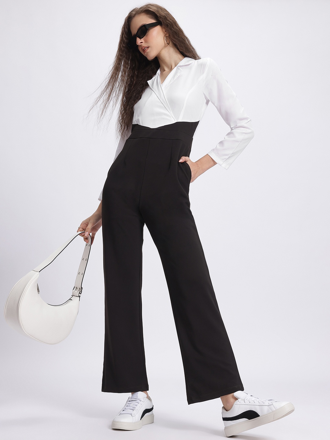 

glitchez Monochrome Magic Faux Wrap Jumpsuit, White