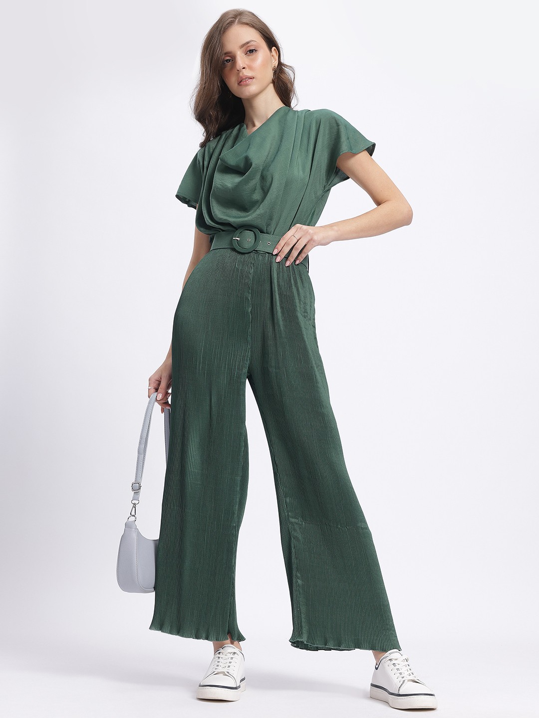 

glitchez Elegant Evermore Cowl Neck Accordion Pleats Jumpsuit With a Belt, Green