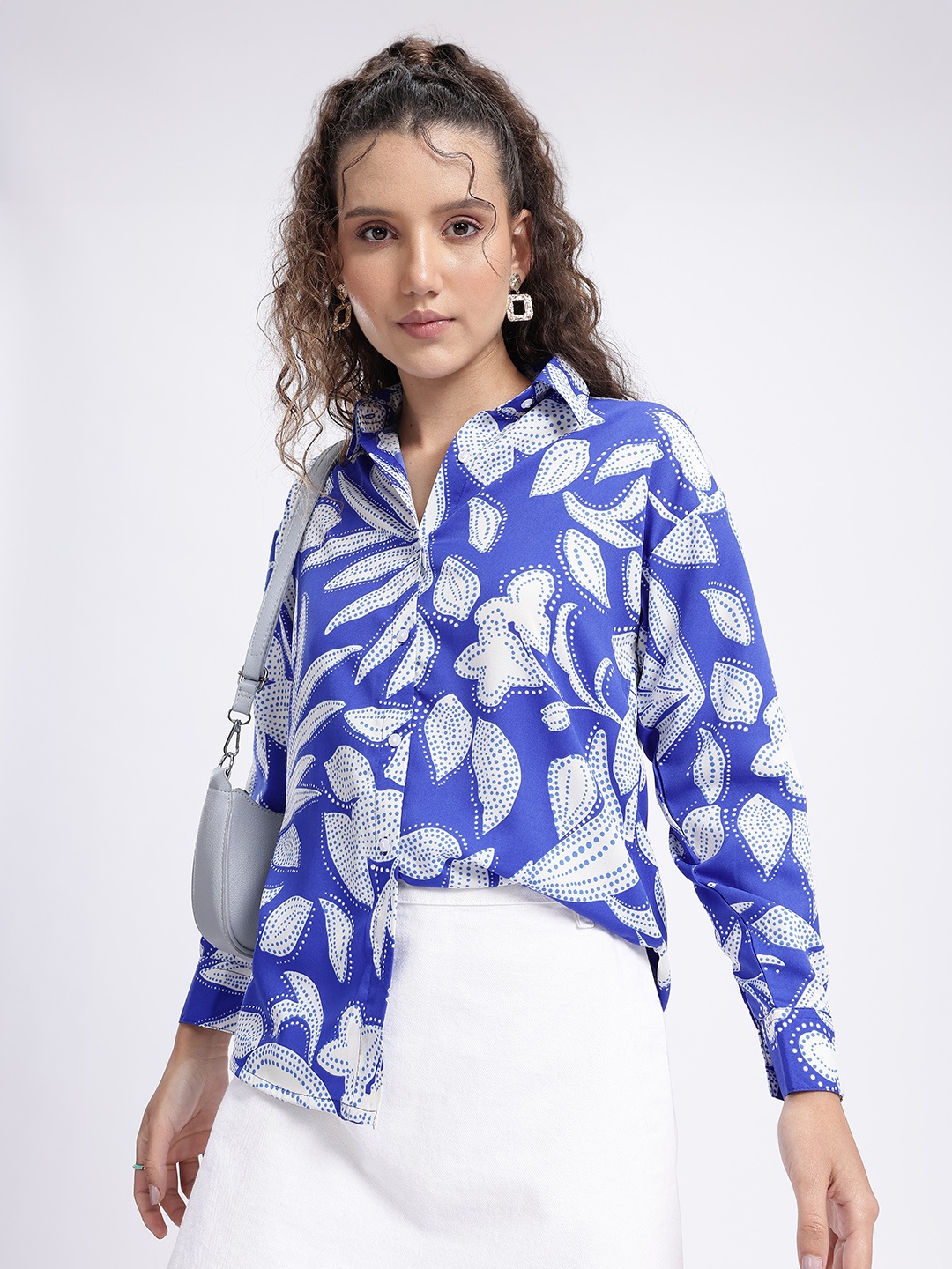 

glitchez Botanic Breeze Drop-Shoulder Sleeves Shirt, Blue