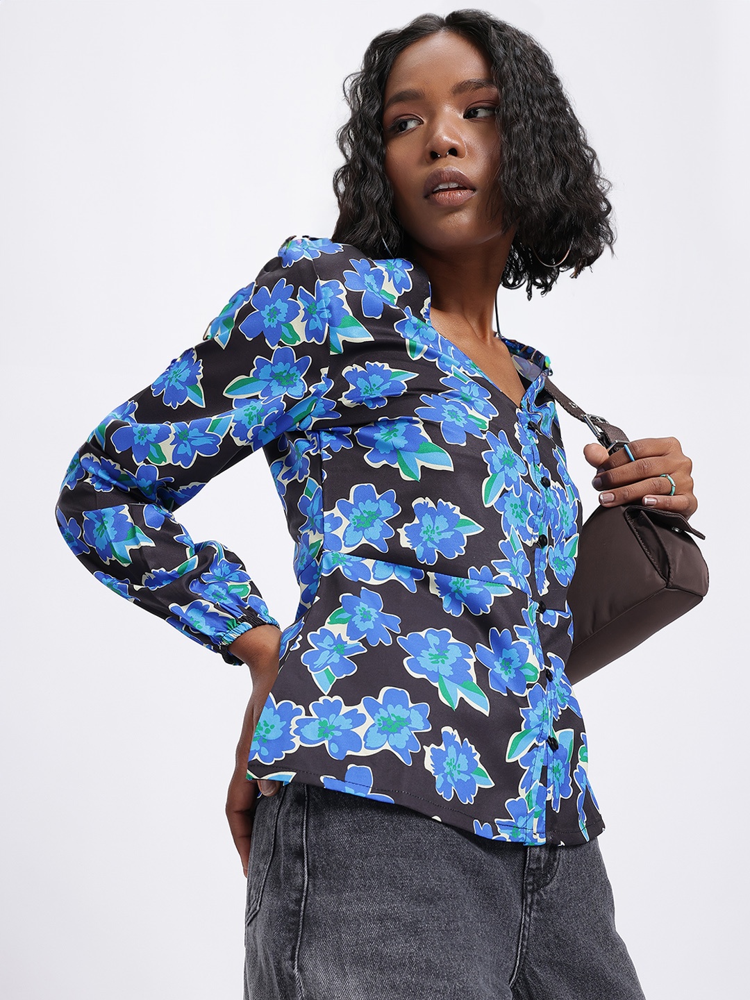 

glitchez Floral Frenzy Printed Shirt Style Top, Blue