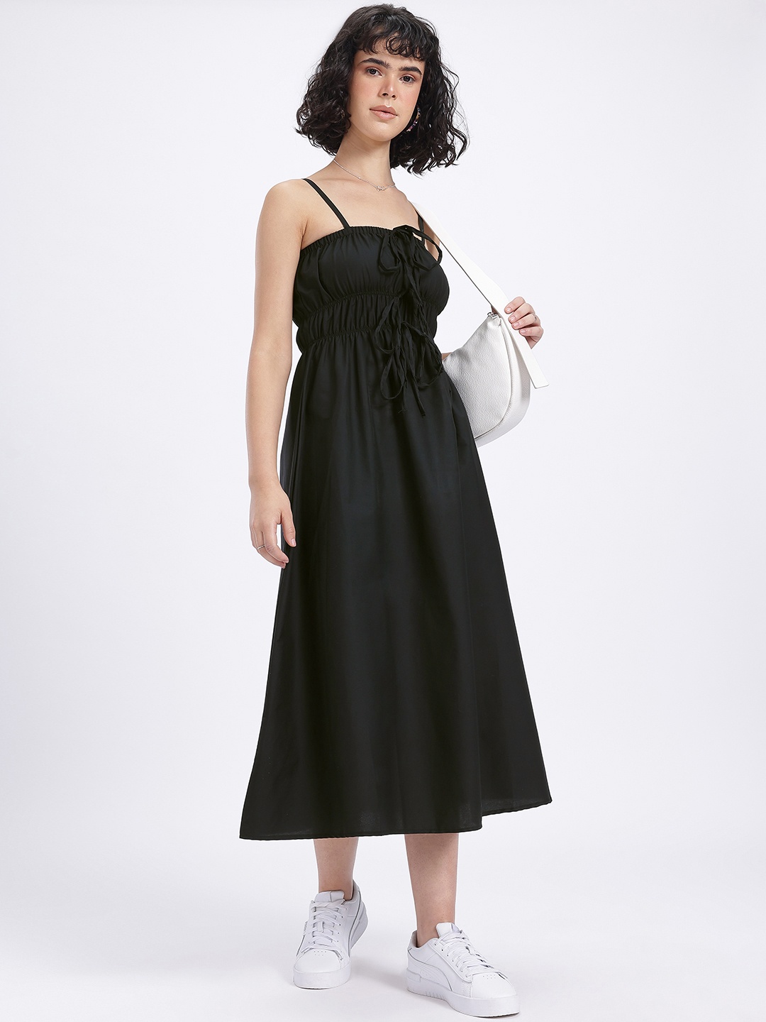 

glitchez Ruching Love Tie-Up Detail Pure Cotton Shoulder Straps A-Line Midi Dress, Black