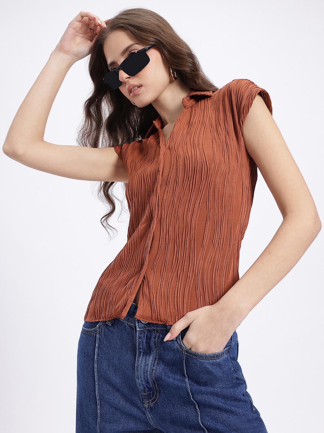 

glitchez Free-Spirited Textured Waves Shirt, Rust