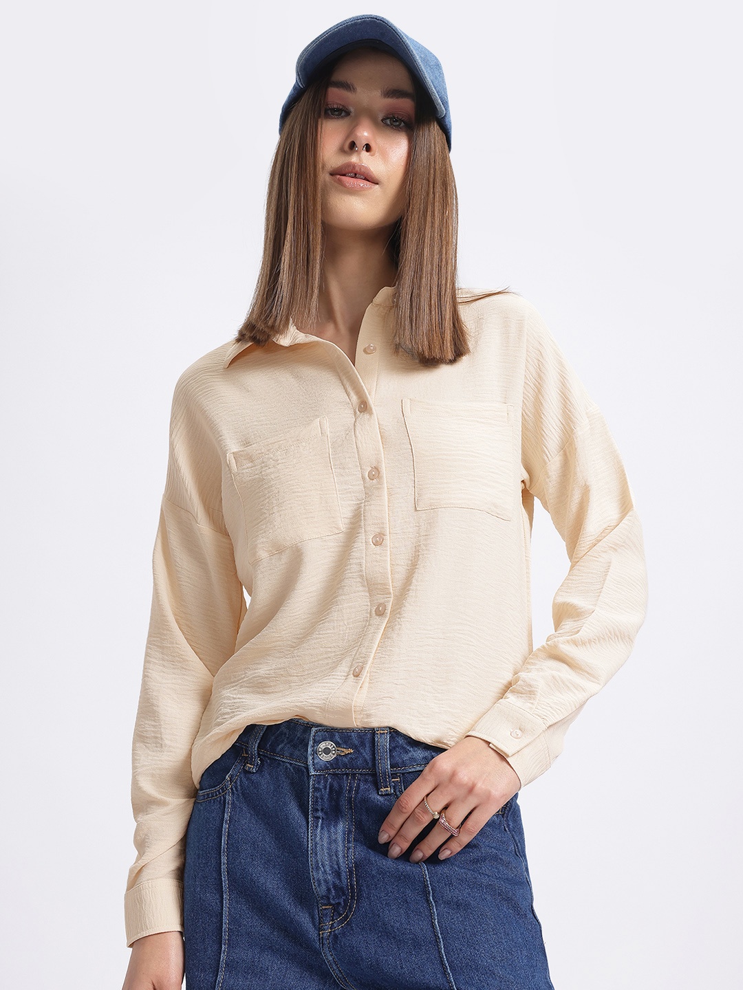 

glitchez Ripple Wave Crinkle Effect Shirt, Beige