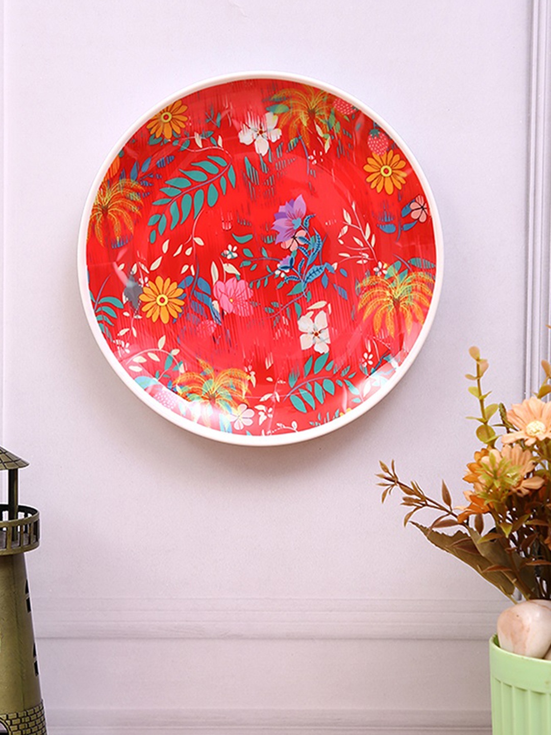 

PENTADECO Red & Blue Floral Printed Ceramic Wall Decor