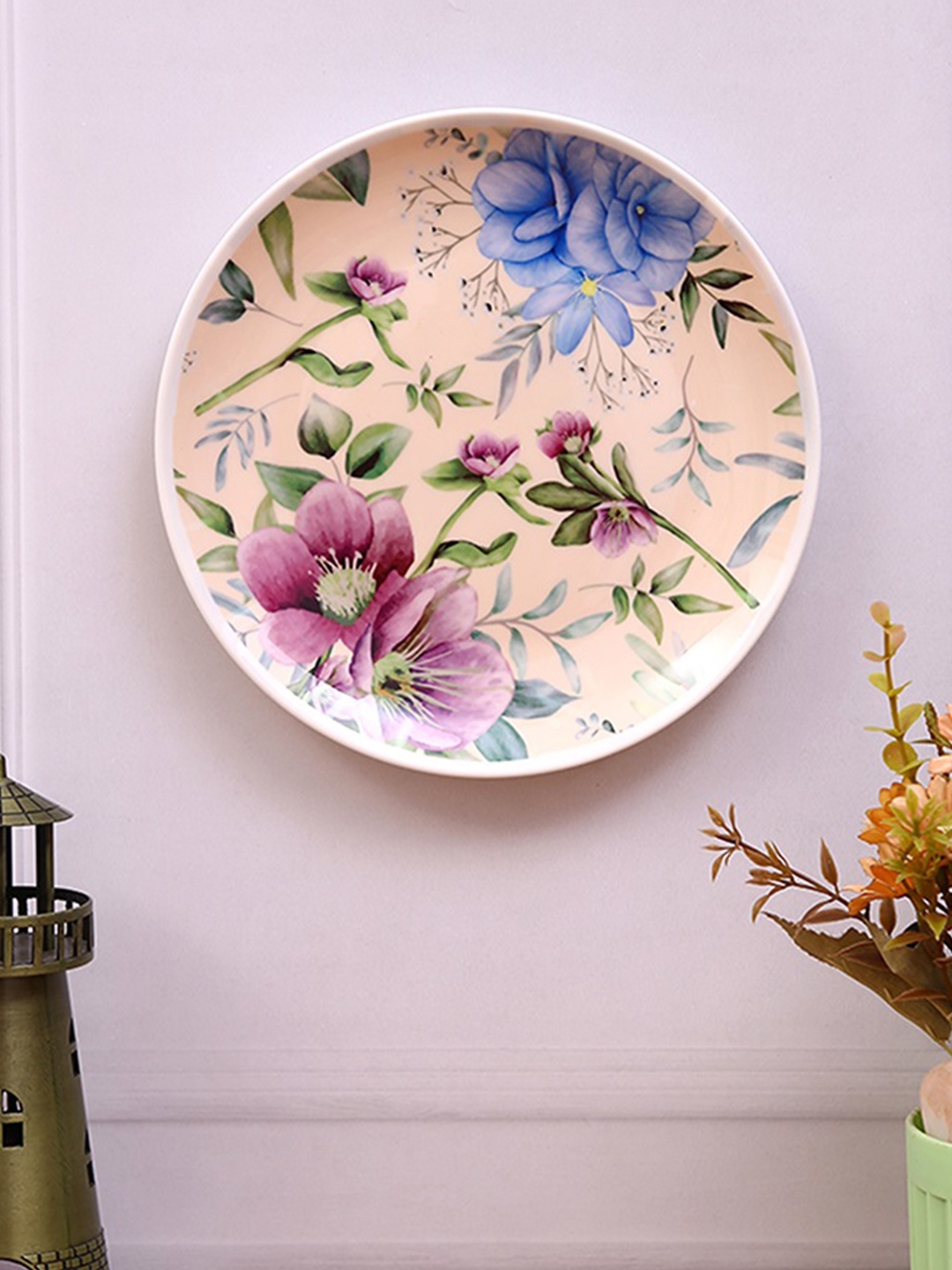 

PENTADECO Beige & Green Floral Printed Ceramic Wall Decor
