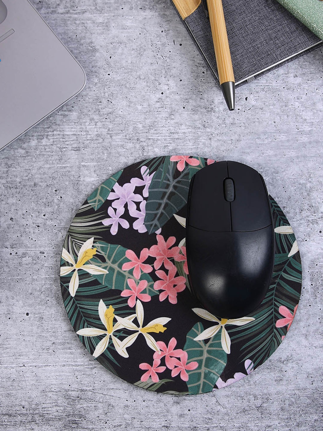 

PENTADECO Black & Green Floral Printed Round Mouse Pad