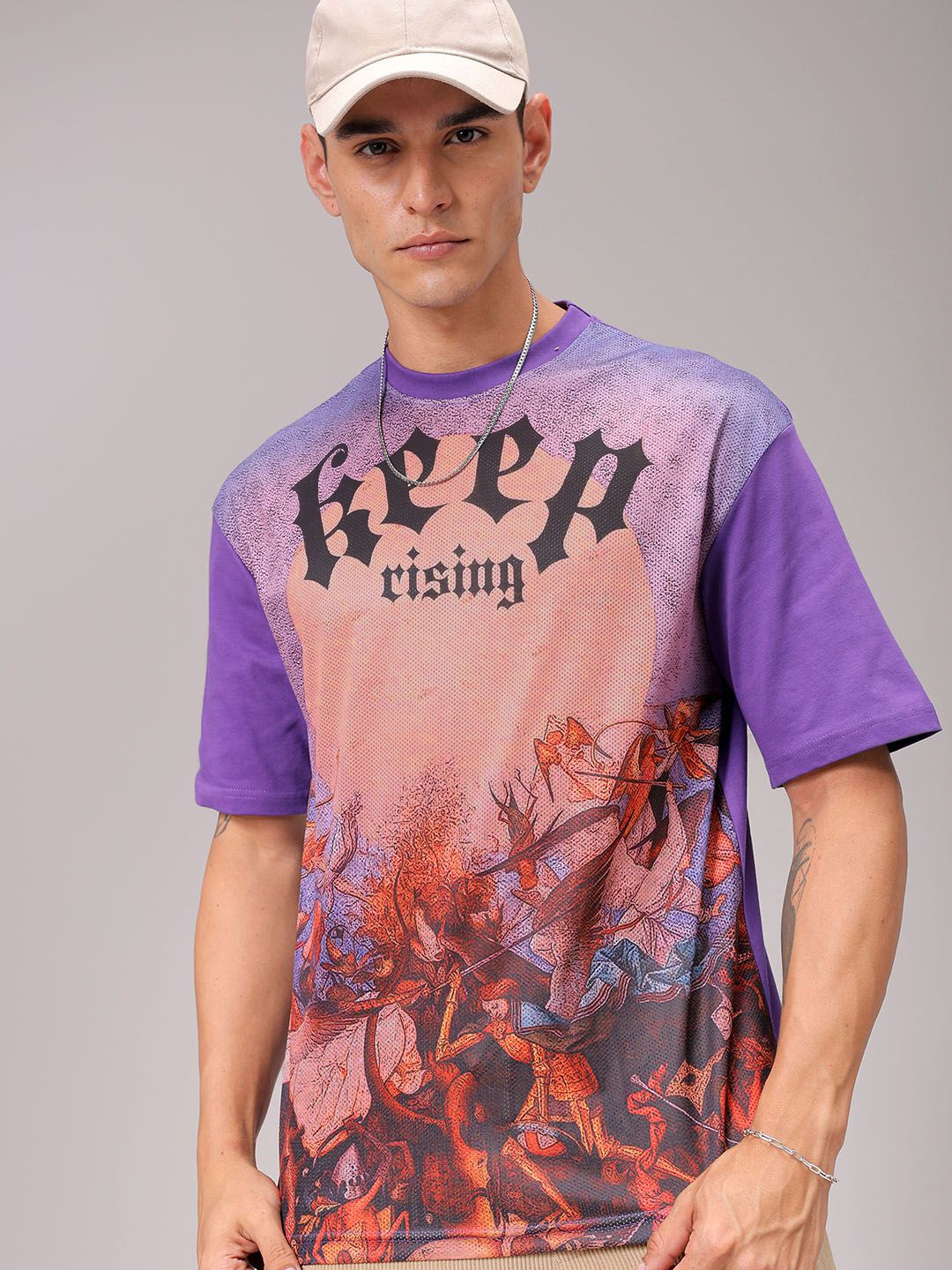 

The Indian Garage Co Men Graphic Printed Round Neck Cotton Boxy T-shirt, Purple