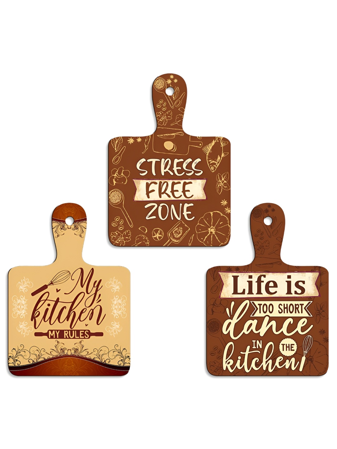 SEHAZ ARTWORKS Brown & Beige3 Pieces Typography Printed Wooden Wall Hanging Decor