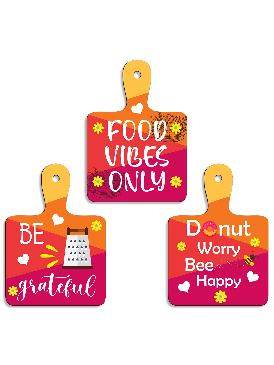 

SEHAZ ARTWORKS Pink & Orange-Coloured 3 Pieces Printed Wooden Wall Hangings