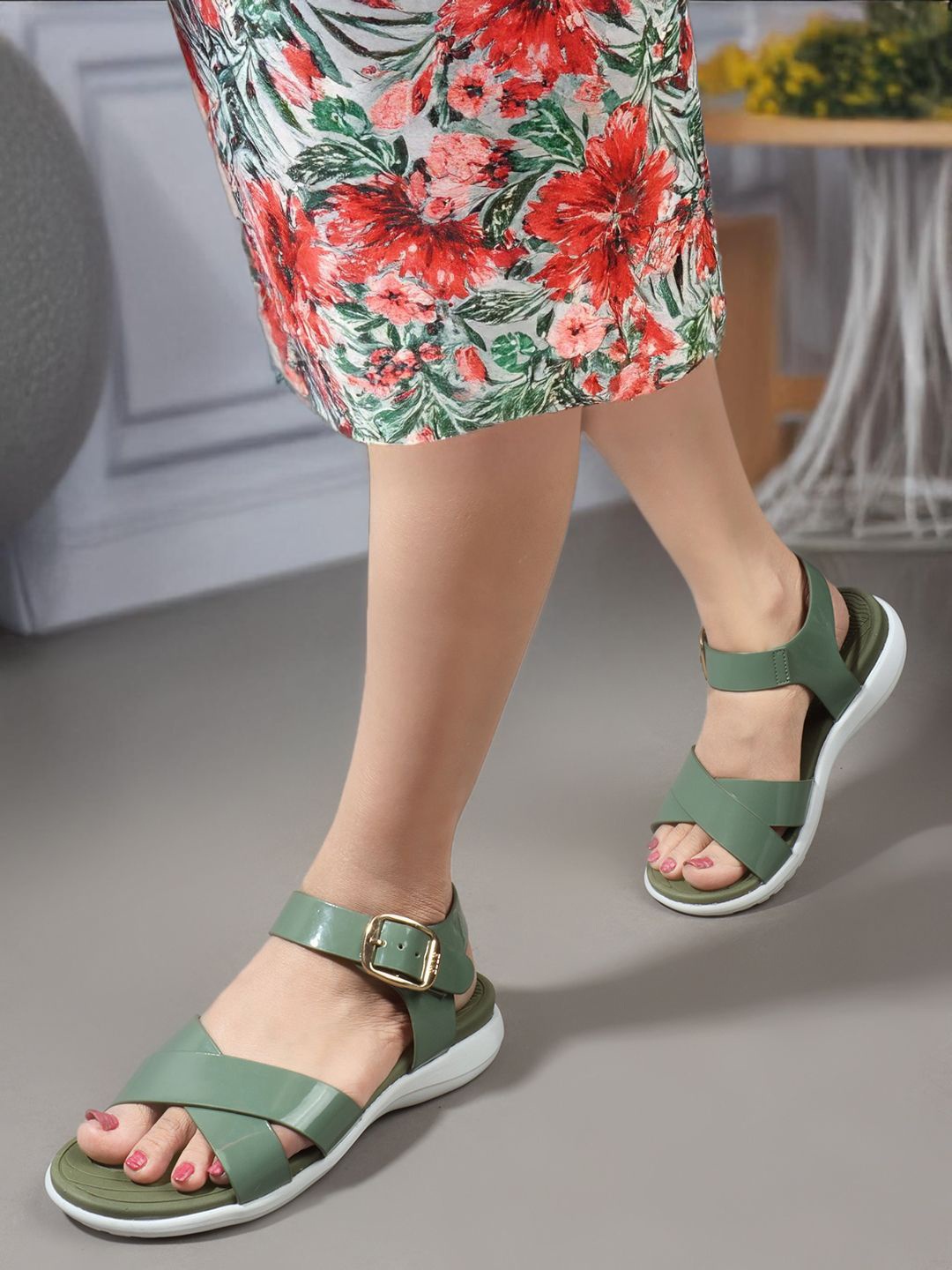 

ELLE Women Open Toe Flats, Olive