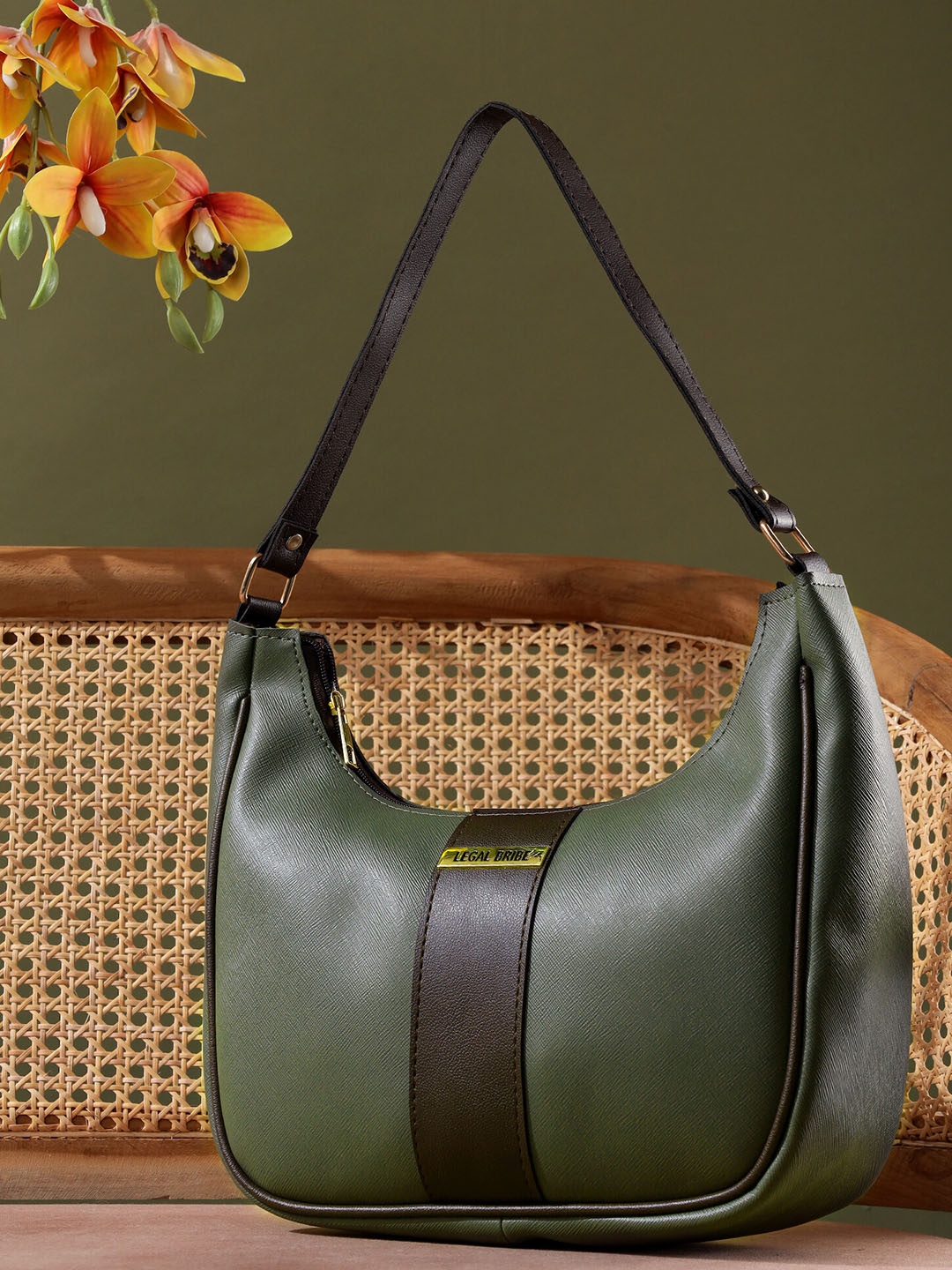 

LEGAL BRIBE Women Solid Half Moon Shoulder Bag, Green
